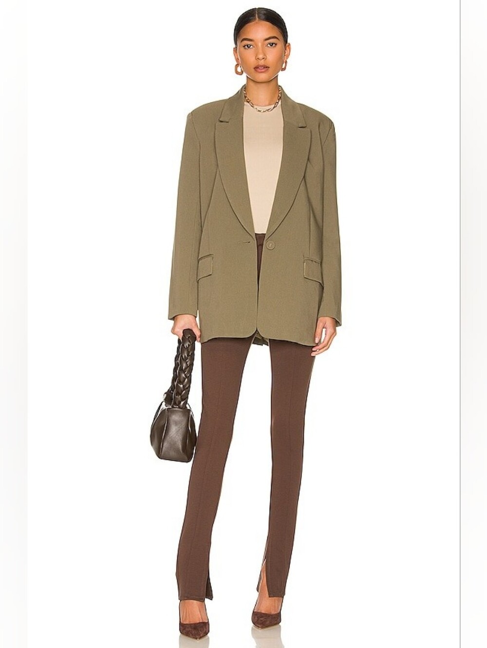 Bardot Oversized Blazer In Khaki, Size XS, Singlebreasted, Green, Belted